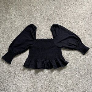 Zara • Black Balloon Sleeves Smocked Peplum Top